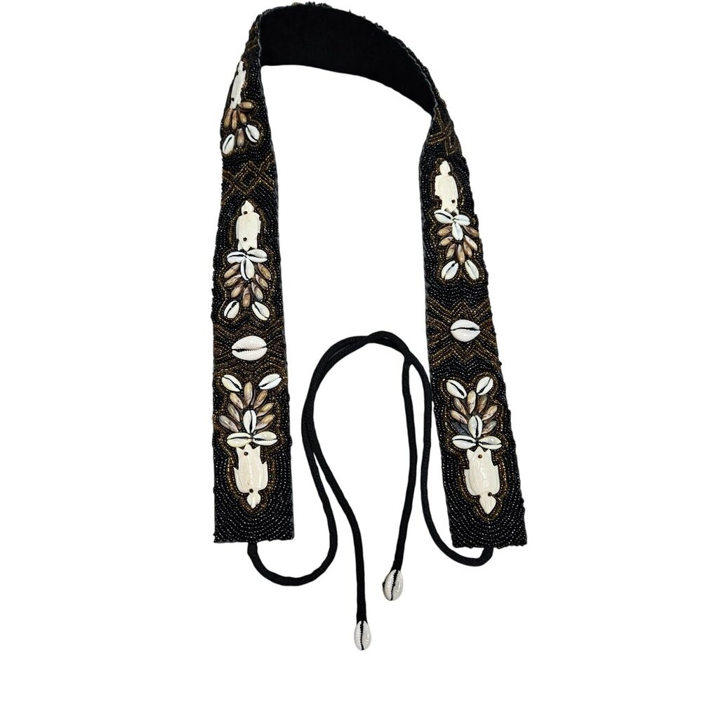 Handcrafted Beaded Black‎ Beige Bohemian Belt Cowrie Shells Carved Turtle Tie